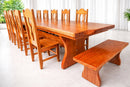 Conjunto de Mesa de Madeira Maciça em Cedro Mara (400cm x 90cm x 6cm) com 10 Cadeiras Rústicas Coloniais + 02 Bancos de Cabeceira(90cm x 36cm x 4cm) – Pés formato Taça - Verniz Auto-Brilho
