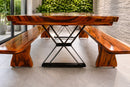 Conjunto Mesa Rústica Tampão (2,20mts x 0,80mts x 5,5cm) com 02 Bancos Rústicos tampão(220cm x 36cm x 4cm) em Madeira Maciça de Muiracatiara - Pés de ferro Metalom 30mm x 20mm Preto - Acabamento Verniz – 08 lugares