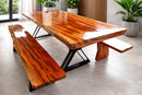 Conjunto Mesa Rústica Tampão (2,20mts x 0,80mts x 5,5cm) com 02 Bancos Rústicos tampão(220cm x 36cm x 4cm) em Madeira Maciça de Muiracatiara - Pés de ferro Metalom 30mm x 20mm Preto - Acabamento Verniz – 08 lugares
